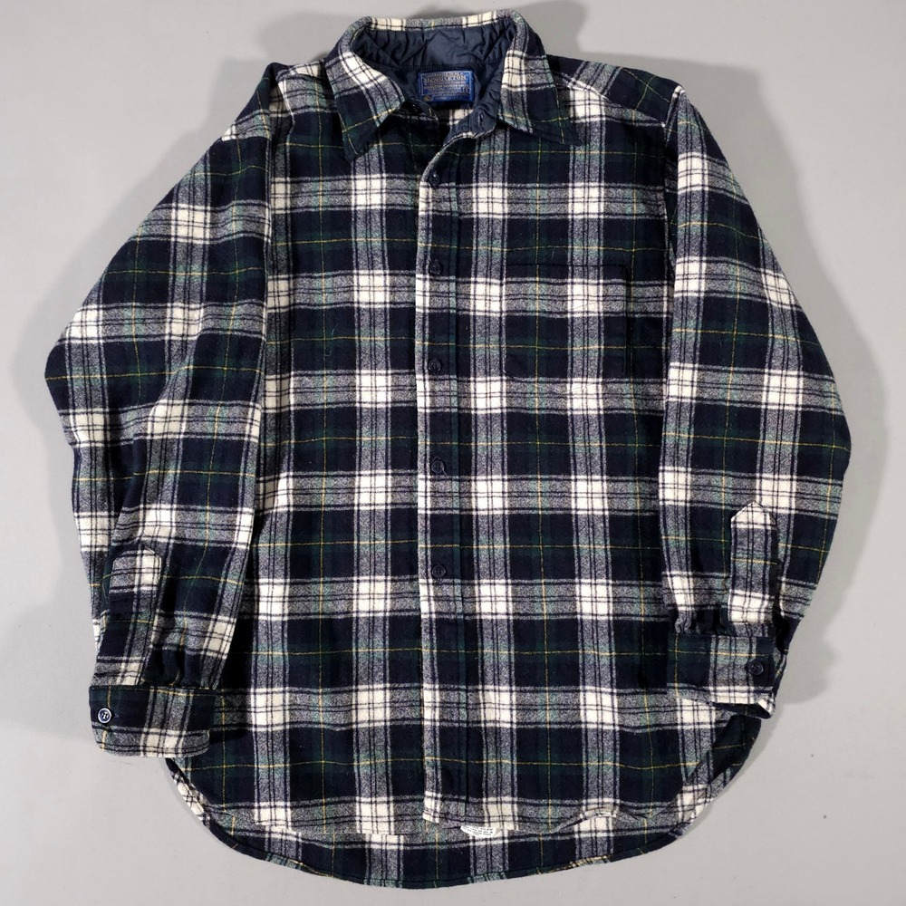 Pendleton Flannel Shirt Mens L Blue Plaid Wool Long Sleeve Button Down USA Made